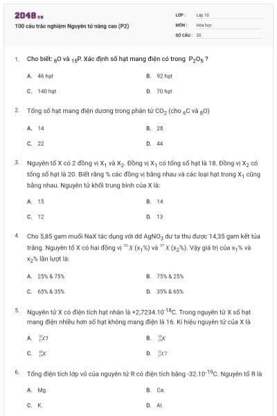 100 câu trắc nghiệm Nguyên tử nâng cao (P2)