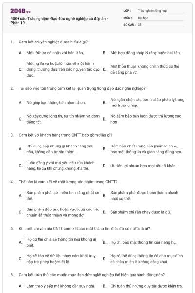400+ câu Trắc nghiệm Đạo đức nghề nghiệp có đáp án - Phần 19