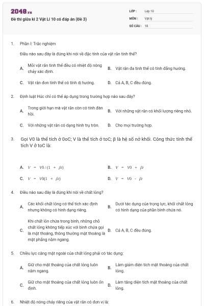 Đề thi giữa kì 2 Vật Lí 10 có đáp án (Đề 3)