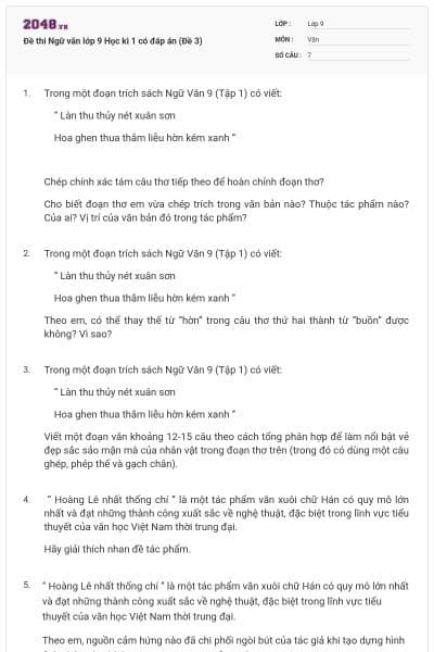 Đề thi Ngữ văn lớp 9 Học kì 1 có đáp án (Đề 3)