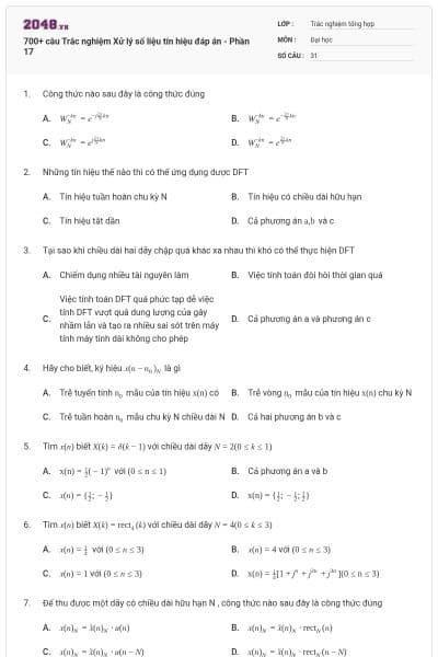 700+ câu Trắc nghiệm Xử lý số liệu tín hiệu đáp án - Phần 17
