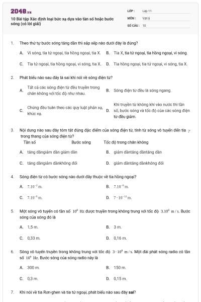 10 Bài tập Xác định loại bức xạ dựa vào tần số hoặc bước sóng (có lời giải)