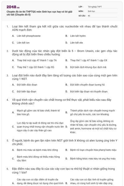 Chuyên đề ôn thi THPTQG môn Sinh học cực hay có lời giải chi tiết (Chuyên đề 8)