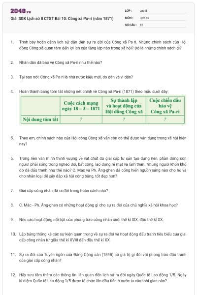 Giải SGK Lịch sử 8 CTST Bài 10: Công xã Pa-ri (năm 1871)
