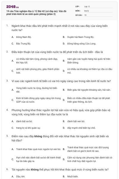 19 câu  Trắc nghiệm Địa Lí 12 Bài 42 (có đáp án): Vấn đề phát triển kinh tế an ninh quốc phòng (phần 3)
