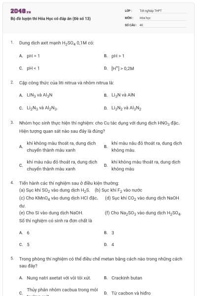 Bộ đề luyện thi Hóa Học có đáp án (Đề số 13)
