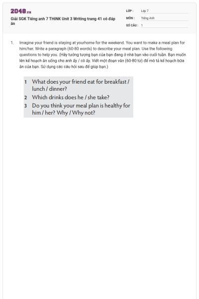 Giải SGK Tiếng anh 7 THiNK Unit 3 Writing trang 41 có đáp án