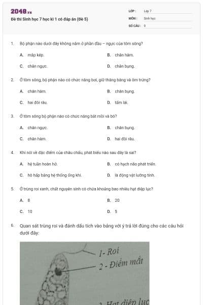 Đề thi Sinh học 7 học kì 1 có đáp án (Đề 5)