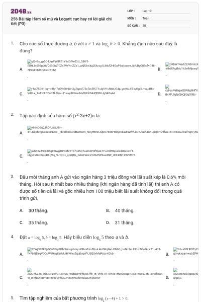 256 Bài tập Hàm số mũ và Logarit cực hay có lời giải chi tiết (P3)