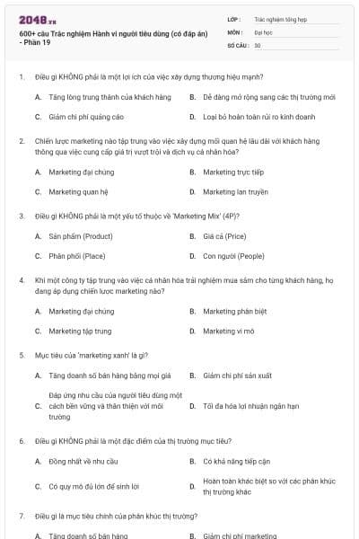 600+ câu Trắc nghiệm Hành vi người tiêu dùng (có đáp án) - Phần 19