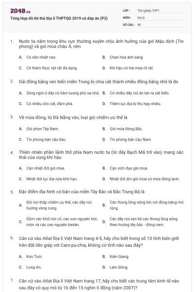 Tổng Hợp đề thi thử Địa lí THPTQG 2019 có đáp án (P3)