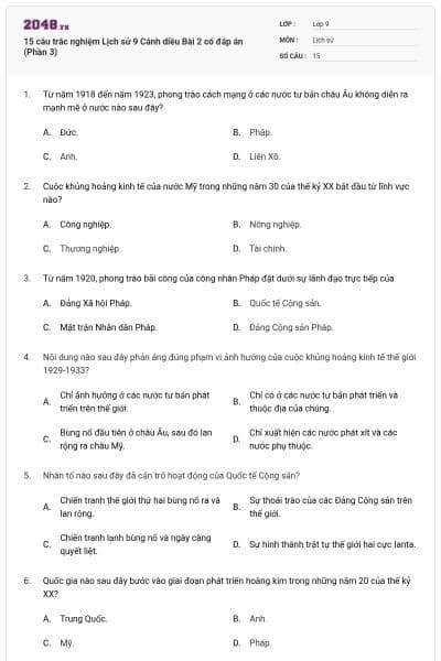 15 câu trắc nghiệm Lịch sử 9 Cánh diều Bài 2 có đáp án (Phần 3)