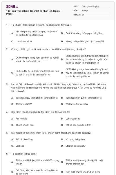 100+ câu Trắc nghiệm Tài chính cá nhân (có đáp án) - Phần 1