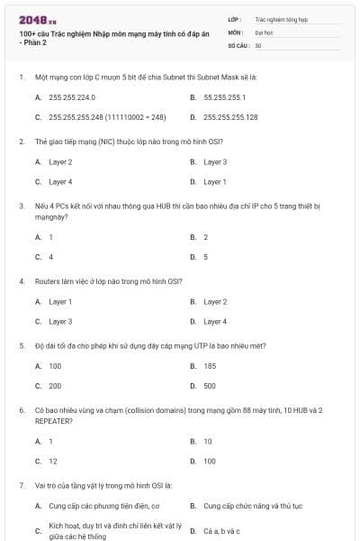 100+ câu Trắc nghiệm Nhập môn mạng máy tính có đáp án - Phần 2