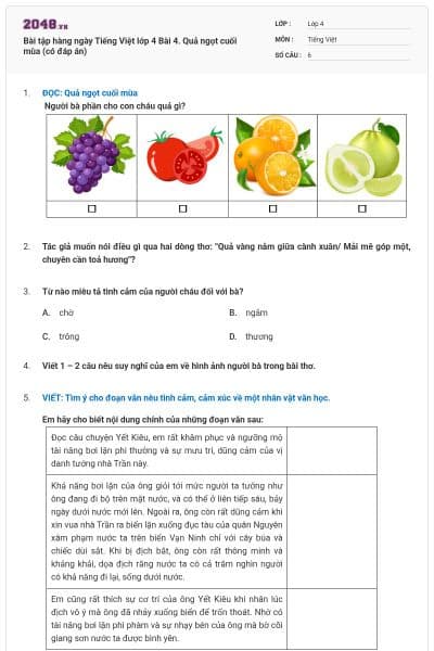 Bài tập hàng ngày Tiếng Việt lớp 4 Bài 4. Quả ngọt cuối mùa (có đáp án)