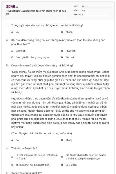 Trắc nghiệm: Luyện tập viết đoạn văn chứng minh có đáp án