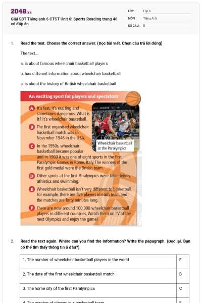 Giải SBT Tiếng anh 6 CTST Unit 6: Sports Reading trang 46 có đáp án