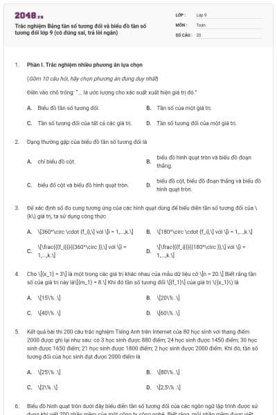 Trắc nghiệm Bảng tần số tương đối và biểu đồ tần số tương đối lớp 9 (có đúng sai, trả lời ngắn)