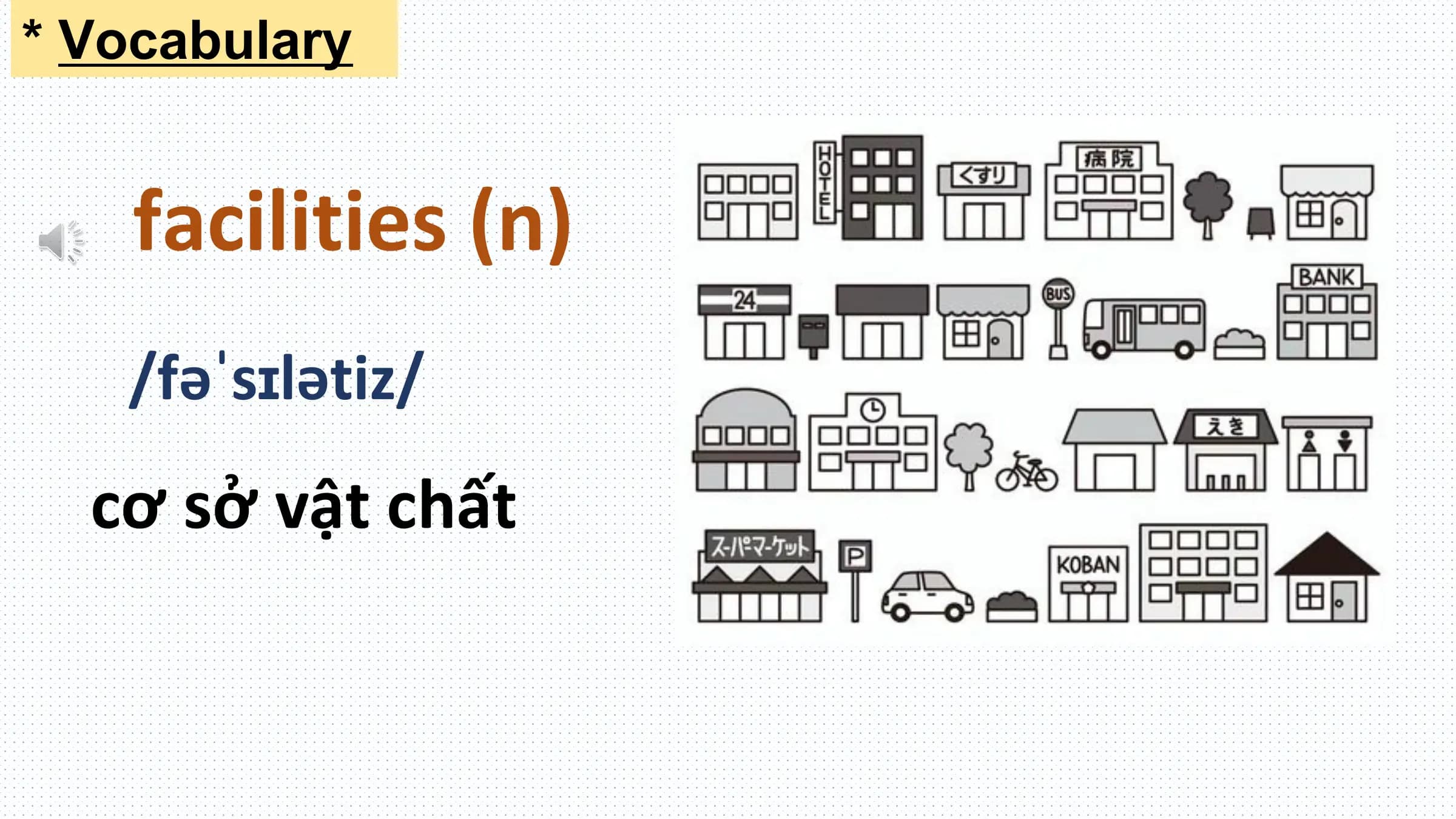 * Vocabulary

 facilities (n)
 /fəˈsɪlətiz/
 cơ sở vật chất