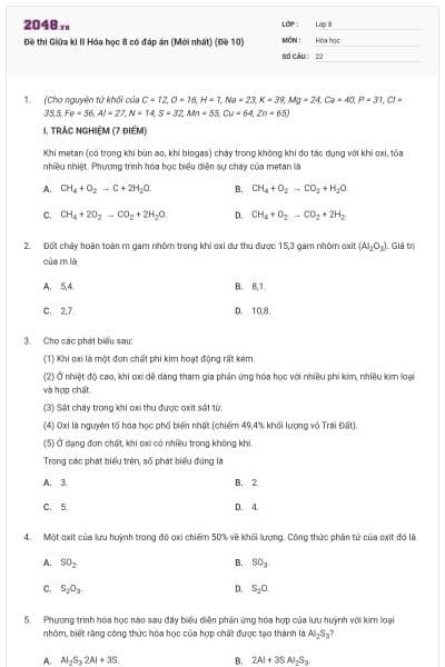 Đề thi Giữa kì II Hóa học 8 có đáp án (Mới nhất) (Đề 10)