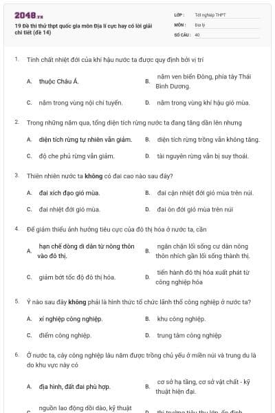 19 Đề thi thử thpt quốc gia môn Địa lí cực hay có lời giải chi tiết (đề 14)