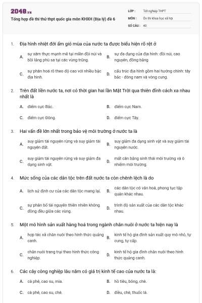 Tổng hợp đề thi thử thpt quốc gia môn KHXH (Địa lý) đề 6