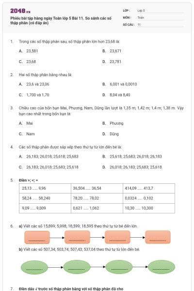 Phiếu bài tập hàng ngày Toán lớp 5 Bài 11. So sánh các số thập phân (có đáp án)