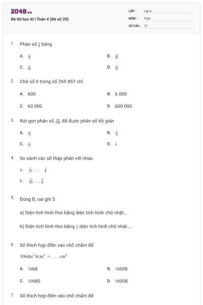 Đề thi học kì I Toán 4 (Đề số 20)