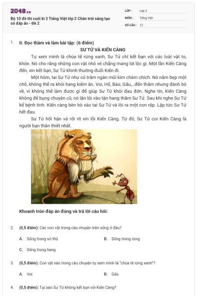 Bộ 10 đề thi cuối kì 2 Tiếng Việt lớp 2 Chân trời sáng tạo có đáp án - Đề 2
