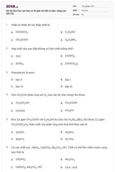 Đề thi Hóa học cực hay có lời giải chi tiết cơ bản, nâng cao (Đề 23)