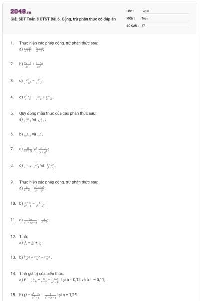 Giải SBT Toán 8 CTST Bài 6. Cộng, trừ phân thức có đáp án
