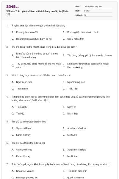 380 câu Trắc nghiệm Hành vi khách hàng có đáp án (Phần 10)