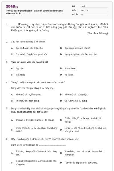 10 câu trắc nghiệm Nghe - viết Con đường của bé Cánh diều có đáp án