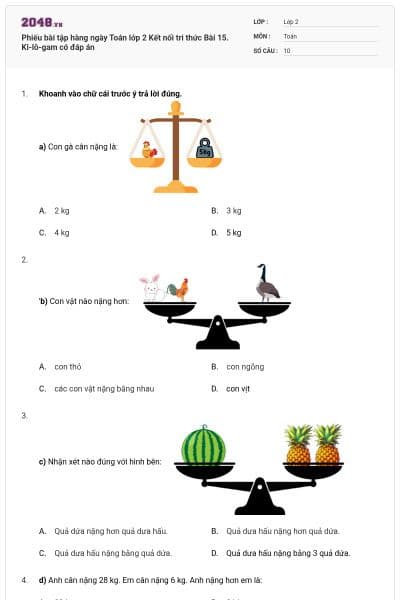 Phiếu bài tập hàng ngày Toán lớp 2 Kết nối tri thức Bài 15. Ki-lô-gam có đáp án