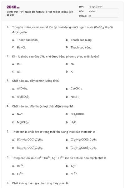 Đề thi thử THPT Quốc gia năm 2019 Hóa học có lời giải (Đề số 30)