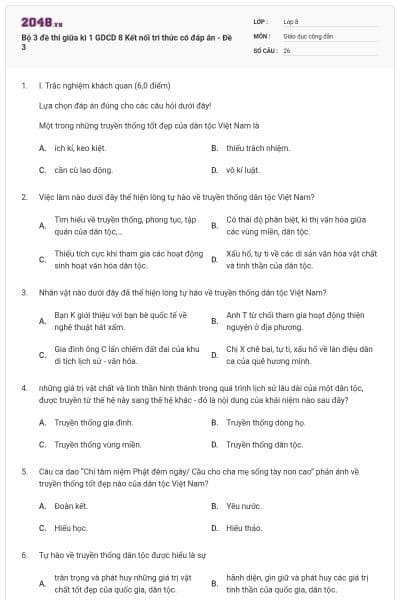 Bộ 3 đề thi giữa kì 1 GDCD 8 Kết nối tri thức có đáp án - Đề 3