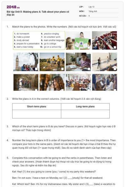 Bài tập Unit 8: Making plans A: Talk about your plans có đáp án