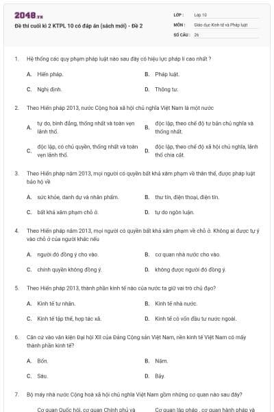 Đề thi cuối kì 2 KTPL 10 có đáp án (sách mới) - Đề 2