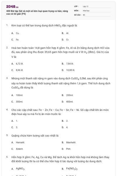 400 Bài tập Sắt và một số kim loại quan trọng cơ bản, nâng cao có lời giải (P4)