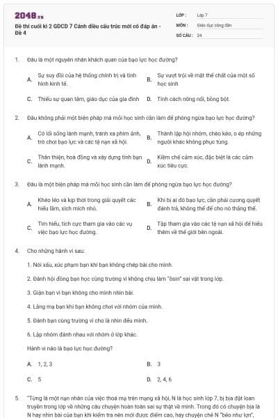 Đề thi cuối kì 2 GDCD 7 Cánh diều cấu trúc mới có đáp án - Đề 4