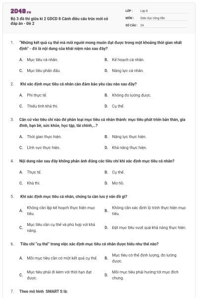 Bộ 3 đề thi giữa kì 2 GDCD 8 Cánh diều cấu trúc mới có đáp án - Đề 2