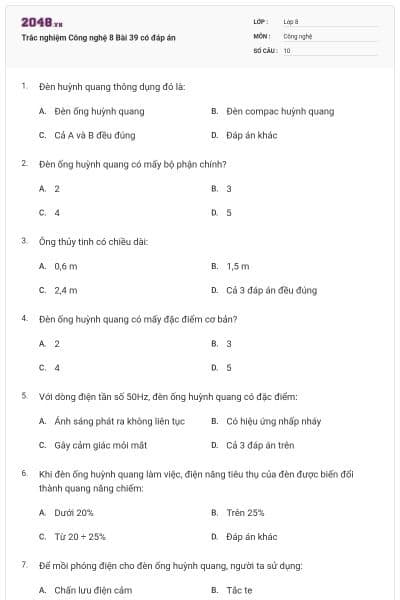 Trắc nghiệm Công nghệ 8 Bài 39 có đáp án