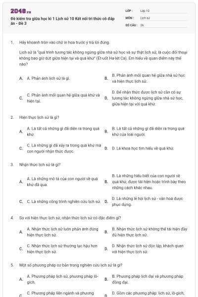 Đề kiểm tra giữa học kì 1 Lịch sử 10 Kết nối tri thức có đáp án - Đề 3
