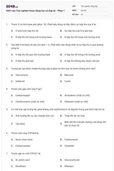 500+ câu Trắc nghiệm Dược động học có đáp án - Phần 1