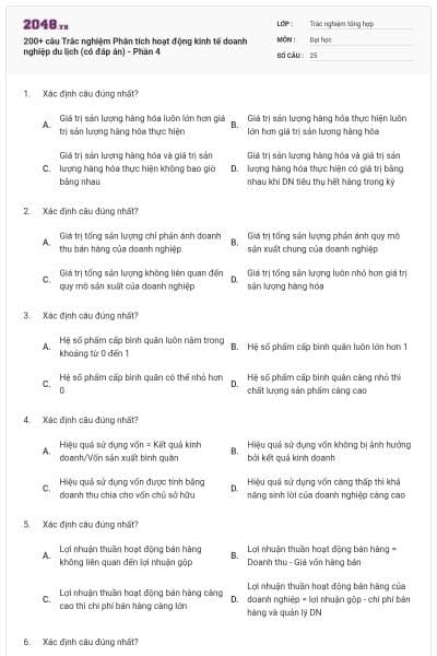 200+ câu Trắc nghiệm Phân tích hoạt động kinh tế doanh nghiệp du lịch (có đáp án) - Phần 4