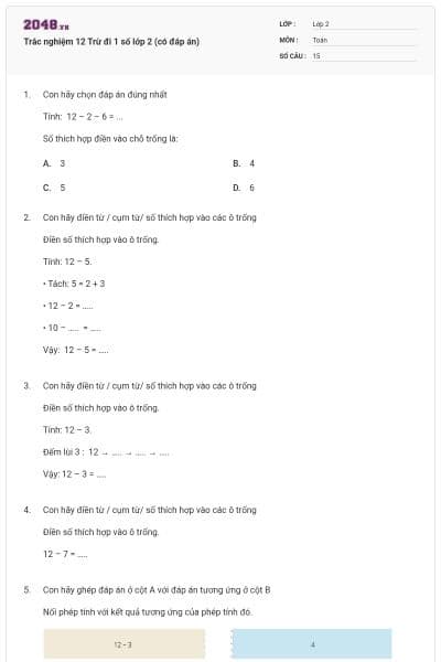 Trắc nghiệm 12 Trừ đi 1 số lớp 2 (có đáp án)