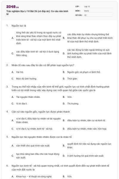 Trắc nghiệm Địa Lí 10 Bài 26 (có đáp án): Cơ cấu nền kinh tế