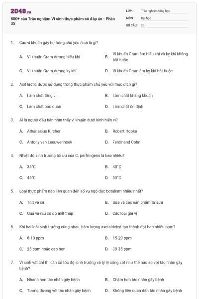 800+ câu Trắc nghiệm Vi sinh thực phẩm có đáp án - Phần 35