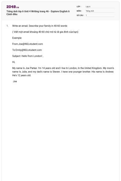 Tiếng Anh lớp 6 Unit 4 Writing trang 46 - Explore English 6 Cánh diều