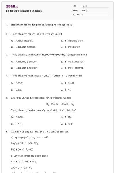 Bài tập Ôn tập chương 4 có đáp án